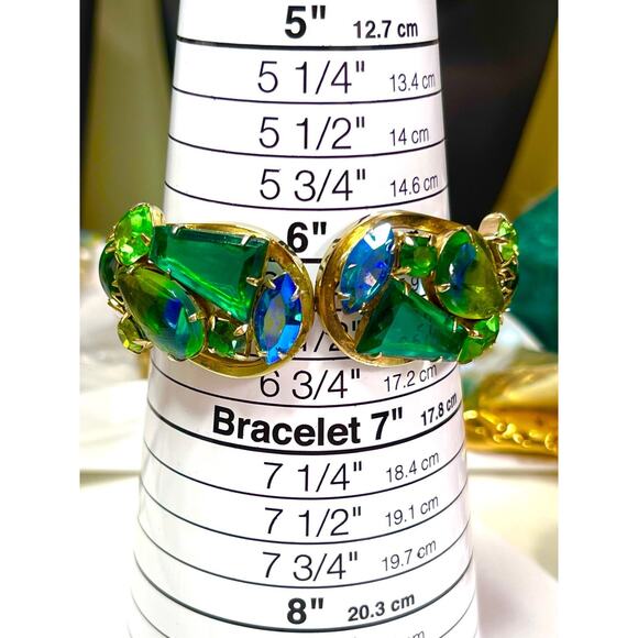 Julianna Bracelet & Clip Earrings Givre Blue Green Gold Hinged Bangle S15 - Picture 10 of 12